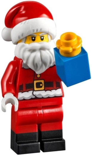 Minifigur af Sankt Nikolaus og en bunke gaver
