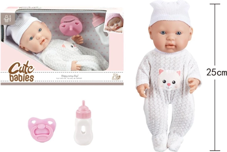 Babydukke med sut og sutteflaske, 25 cm