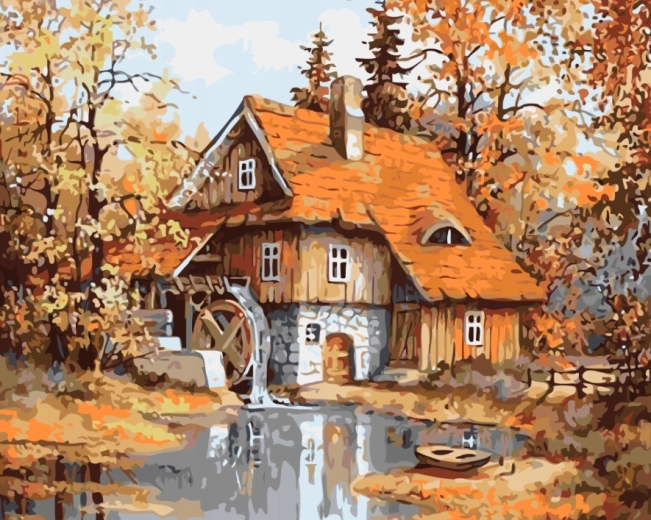 NORIMPEX Mal efter tal Mølle i skoven ved dammen 40 × 50 cm