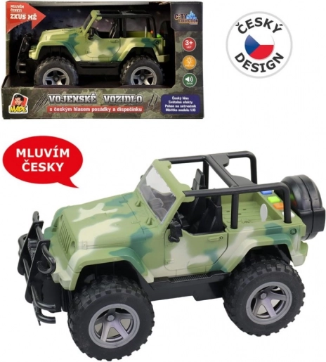 Militær jeep med friktionsdrev med lys og tjekkiske besætningslyde 1:16