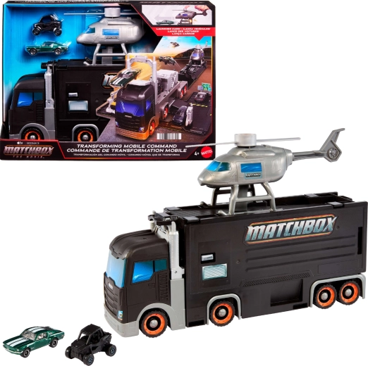 Matchbox mobilt kommandocenter – transformerbar transportlastbil med helikopter og 2 små biler