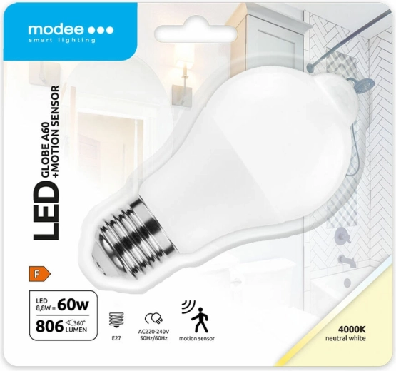 Modee Lighting smart LED-pære A60 8,8 W E27, neutral hvid med PIR bevægelsessensor