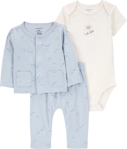 Carter’s babysæt 3 dele – sweatshirt, body med kort ærme og bukser Blue Airplane (drenge, str. 56)