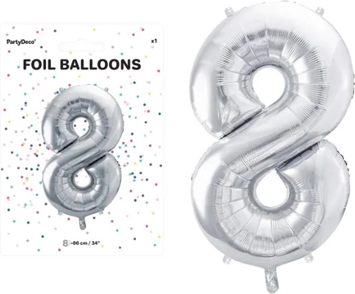 Sølvfarvet folieballon tallet 8, 86 cm