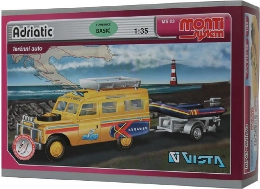 Byggesæt Monti System MS 63 Adriatic Land Rover-trailer med båd/jolle 1:35 i æske 22x15x6 cm