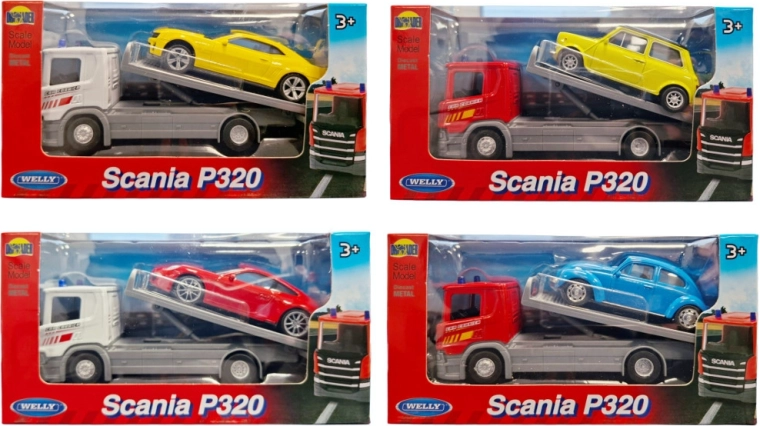 Welly bugserlastbil Scania 1:57 med sportsvogn 1:43