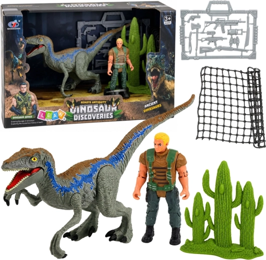 Sæt med dinosaur- og jægerfigur med bevægelige lemmer, net og tilbehør – 1 stk.