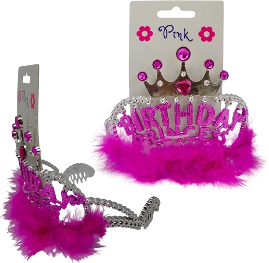 Hårbøjle Happy Birthday med fuchsiafjer