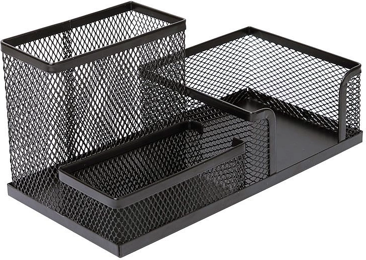 Metalskrivebordsorganizer med notatskub, sort