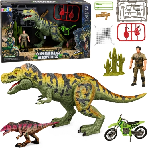 Børnesæt med dinosaurer: T-Rex med lyde, jæger og motorcykel