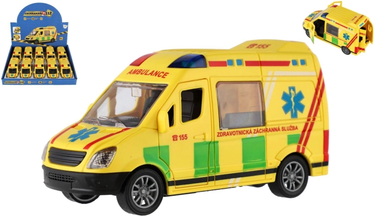 Plastisk ambulance med friløb 12 cm – sæt med 10 stk i boks