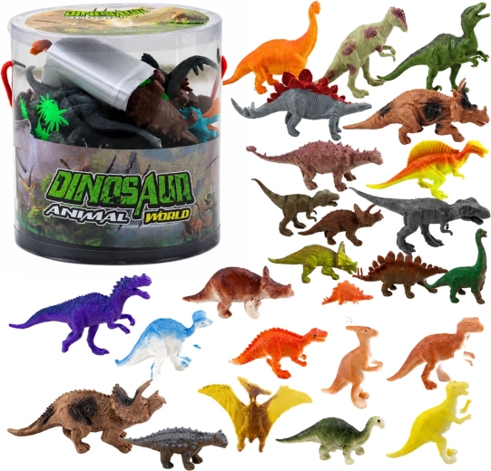 Sæt med dinosaurfigurer i gummi i boks, 34 stk.