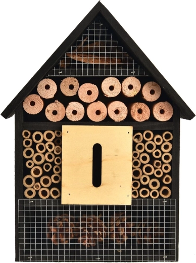 Insekthotel af naturligt træ, sort, 22 × 9 × 30 cm