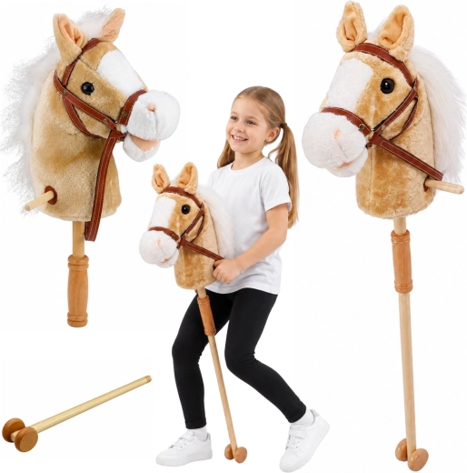 Kæphest på pind med hjul og lyde, beige 100 cm