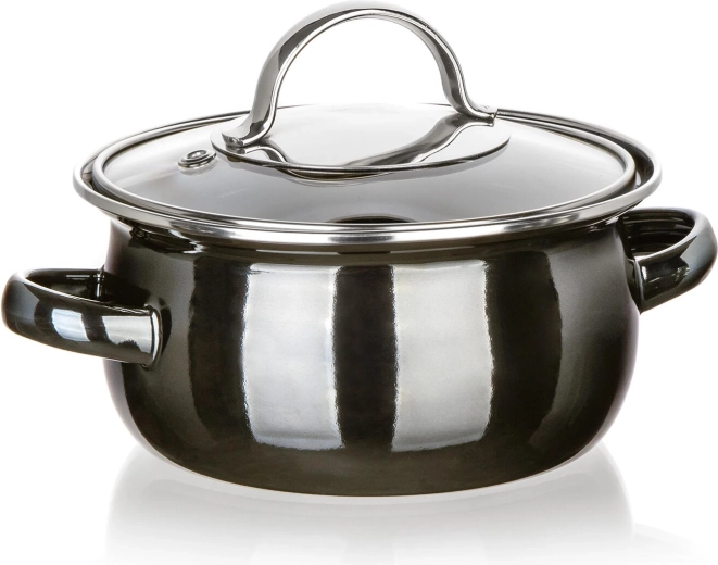 Emaljeret gryde med glaslåg 14 cm, 0,7 l, Metallic Black