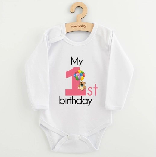 Babybody med print New Baby My First Birthday, lyserød, str. 86 (12–18 måneder)