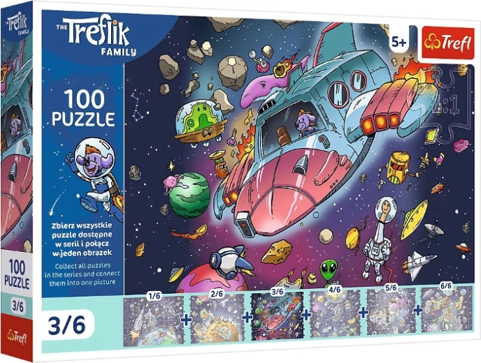 Puzzle Trefl Treflik-familien i rummet: Gonduś i raketten – 100 brikker