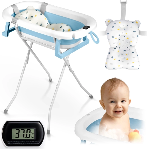 Sammenklappelig babybadekar med stativ, termometer og indsats – hvid/blå