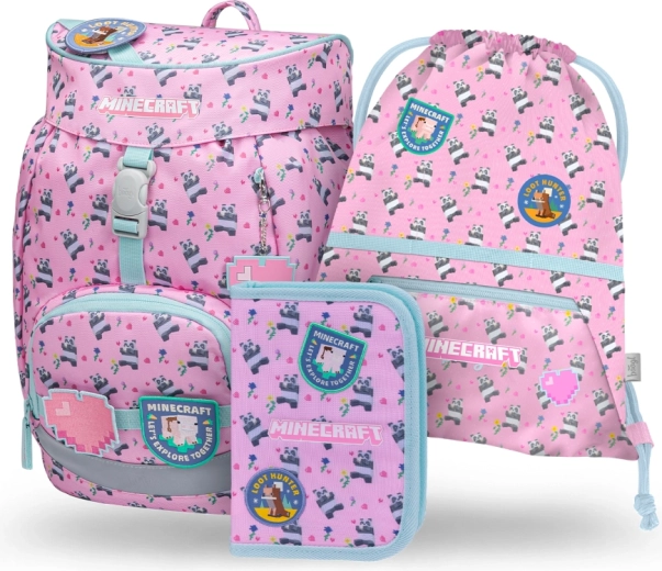 Skolesæt BAAGL Airy MINECRAFT Panda – rygsæk, penalhus og pose til skiftesko