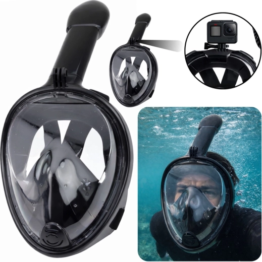 Fuldmaskesnorkelmaske med panoramisk 180° udsyn og anti-dug system, sort L/XL