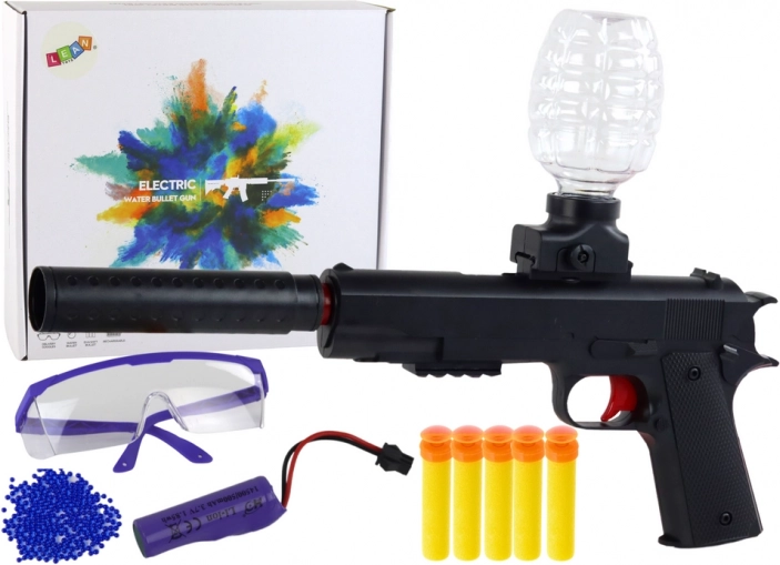 Elektrisk pistol til vandgelkugler og skumdartpile med beskyttelsesbriller, sort