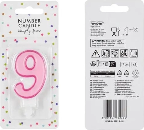 Lyserødt fødselsdagslys med tallet 9, 7 cm
