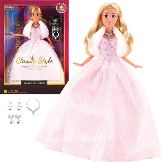 Modedukke i lyserød selskabskjole