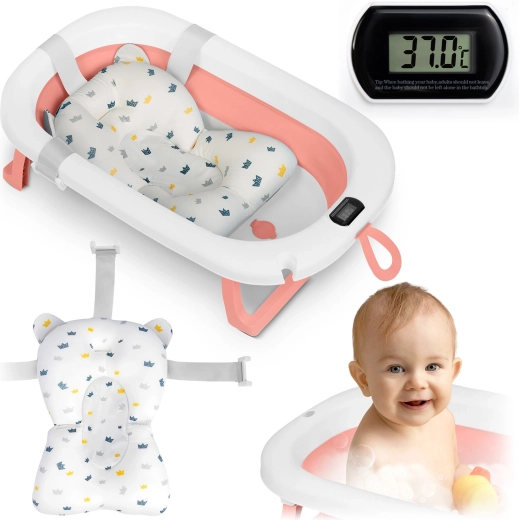 Sammenklappelig babybadekar med termometer og indsats, lyserød‑hvid