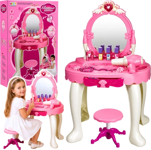 Børne-toiletbord med spejl, lys og lyde, med skammel og hårtørrer (pink)