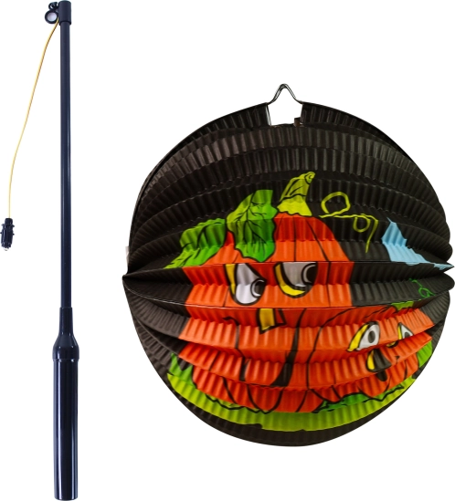 Halloween papirlampe græskar 25 cm med lysstav 50 cm