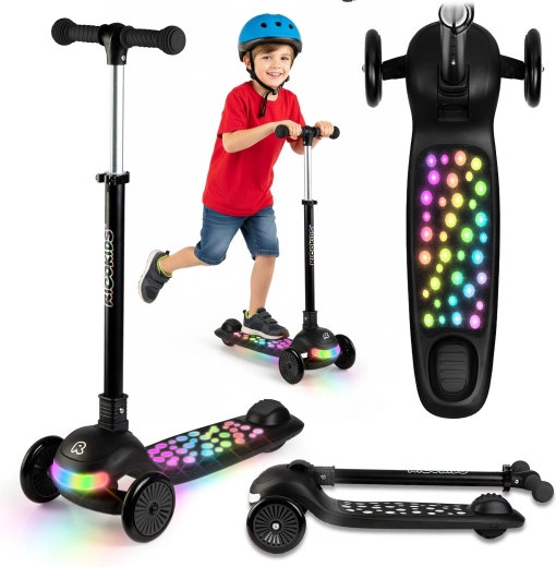 Børnebalanceløbehjul med tre hjul og LED-belysning Ricokids Glowi – sort