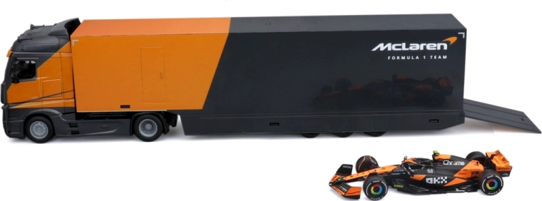Bburago racing hauler trækkvogn med trailer og Formel 1 McLaren MCL38 2024 Lando Norris 1:43