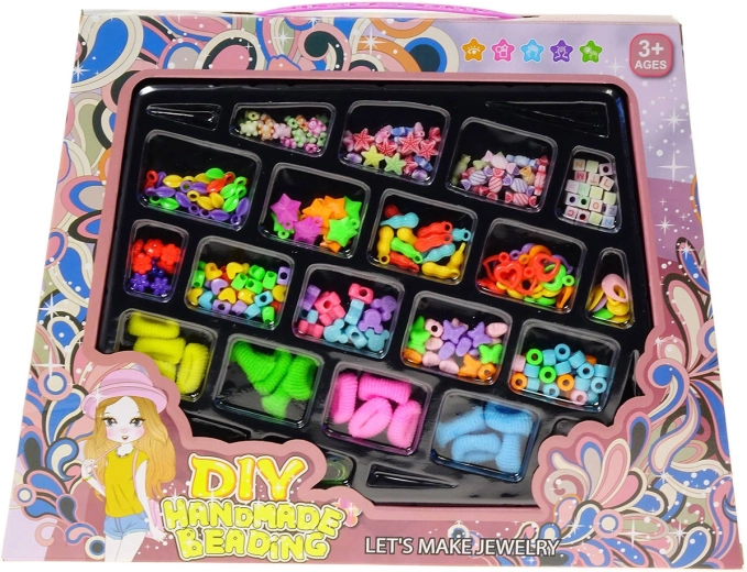 Kreativt sæt med perler til at tråde på med vedhæng og hårelastikker