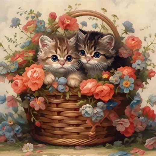 Mal efter tal Katte i en kurv med blomster 40 × 50 cm