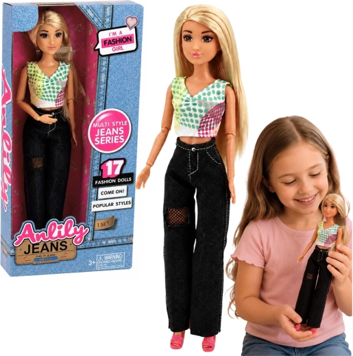 Moderigtig Anlily-dukke i sorte jeans med farverig top, 30 cm
