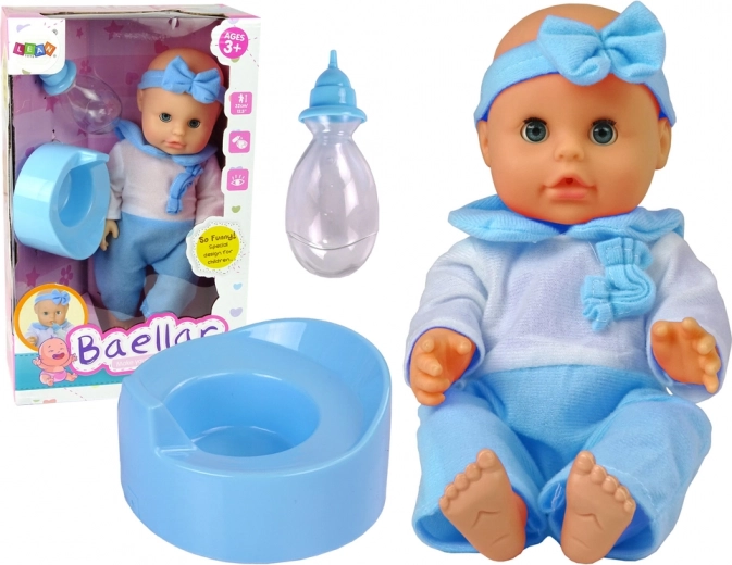 Stof blå dukke med potte og flaske 30 cm