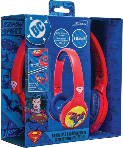 Børne Bluetooth-hovedtelefoner 2-i-1 med lydstyrkebegrænsning SUPERMAN – foldbare, kabel og trådløse