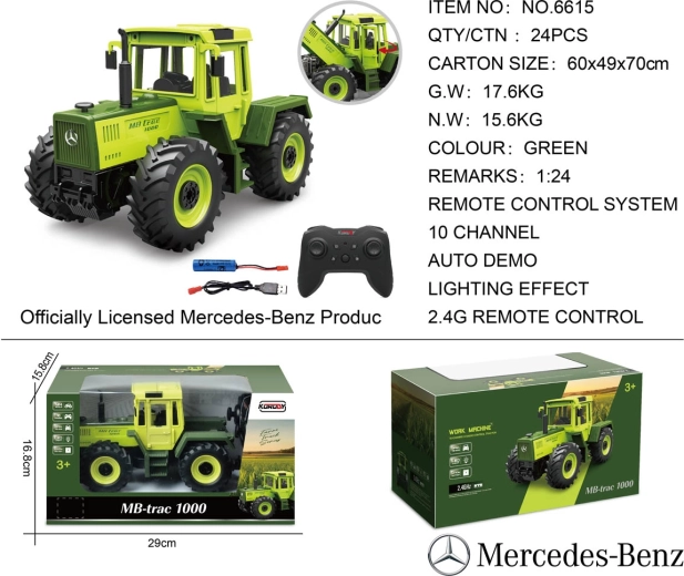 Fjernstyret grøn Mercedes-Benz-traktor 1:24