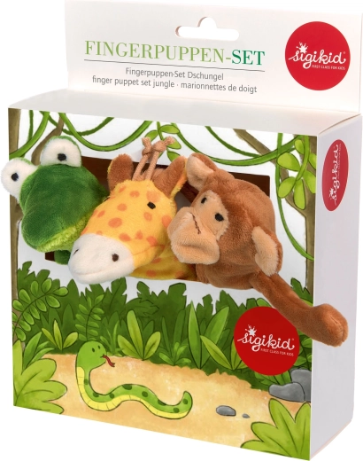 Sæt med plys-fingerdukker fra sigikid – abe, krokodille og giraf