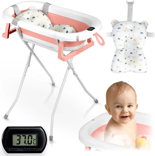 Sammenklappelig babybadekar med stativ, termometer og indsats RICOKIDS hvid–lyserød