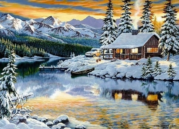 Norimpex Mal efter tal Vinterhytte ved søen 40 × 50 cm