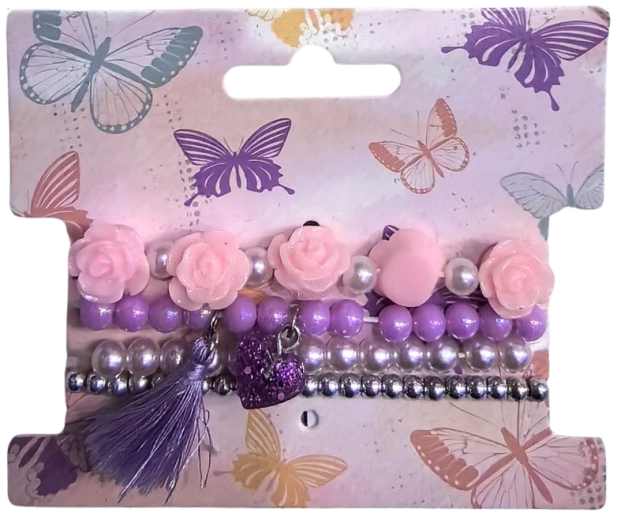 Pink sæt med perlearmbånd med blomster, 4 stk.
