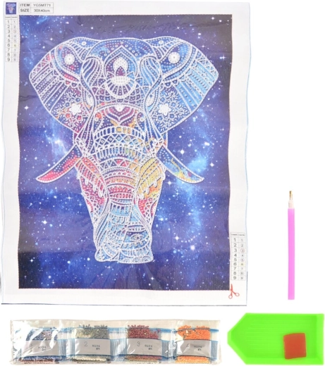 Diamantmaleri – lysende elefant 30 × 40 cm