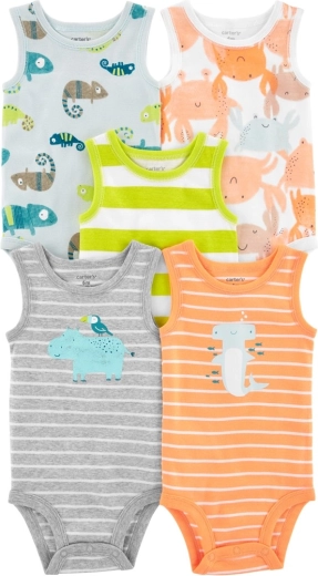 Carter's ærmeløse babybodyer med bådudskæring Stripes Animals – sæt med 5 stk. til drenge