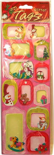3D julegave-tags med glitter – sæt med 12 stk., mixed motiver