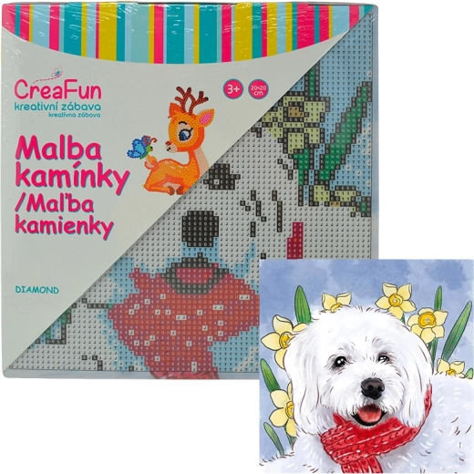 Diamantmaling – hvid hund 20 × 20 cm