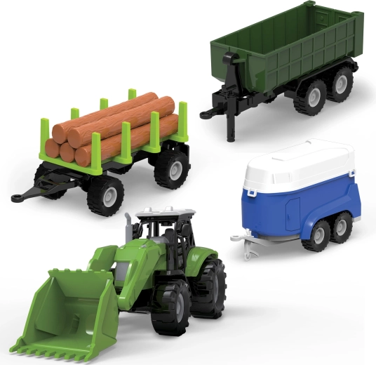 FARM SERVICE sæt traktor med læsser, ladvogne og trailer med lys og lyd