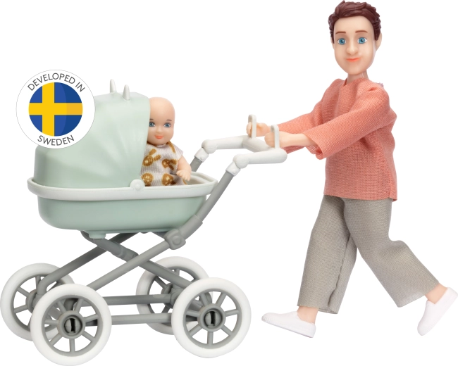 Lundby sæt: far med baby og barnevogn