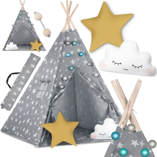 Børne-teepee med lyskæde NUKIDO – grå med stjerner