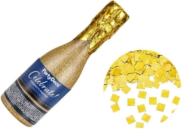 Konfettirør formet som en champagneflaske – guld, 20,5 cm